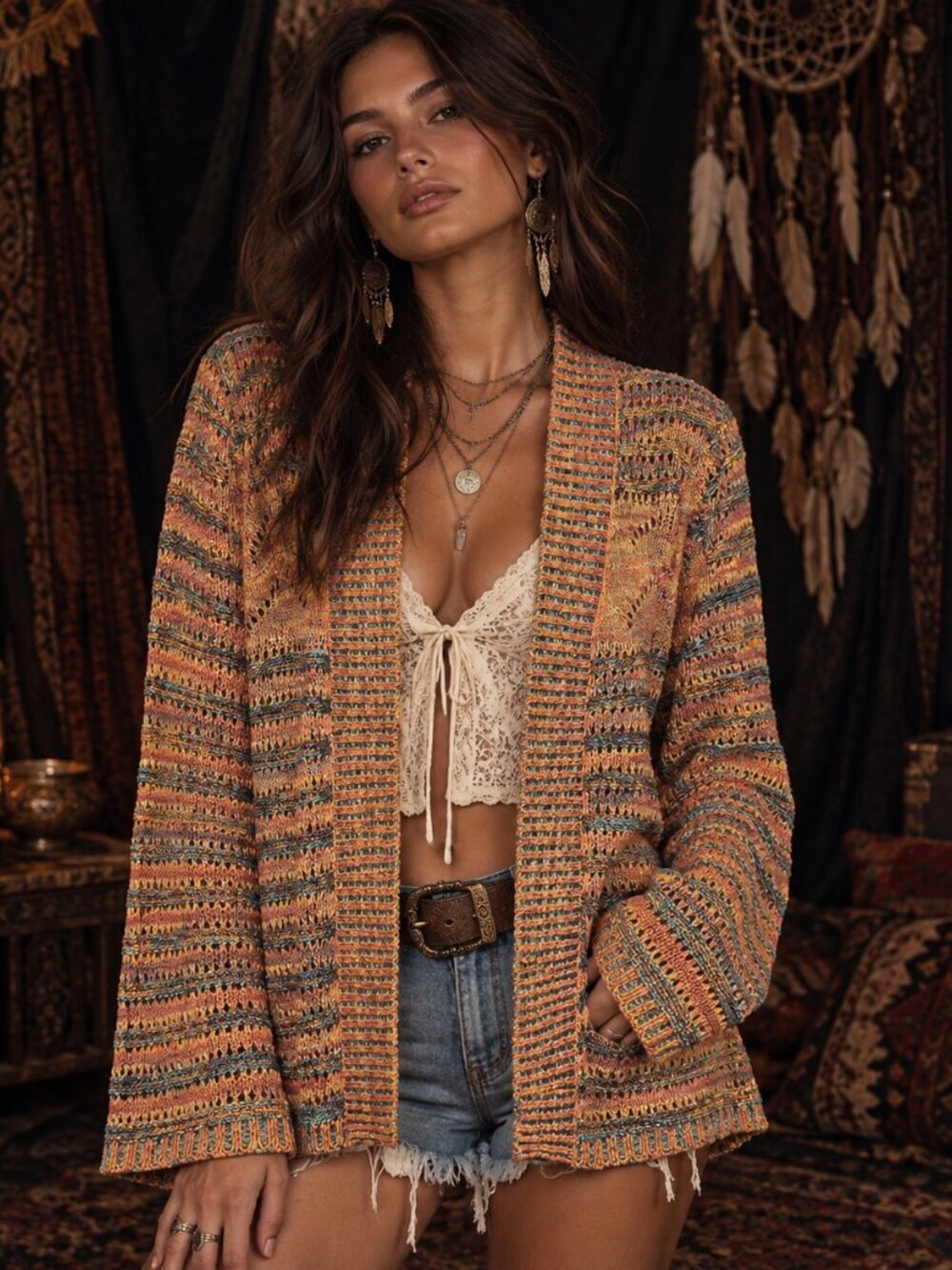 Belldini Open Knit Cardigan Sweater Womens Small Granola Y2K Grunge Boho Earthy